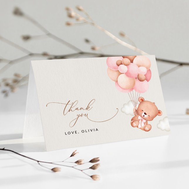 Cartão De Agradecimento Urso Bebê, Urso Teddy, Balões Rosa, Chá de fraldas (Criador carregado)