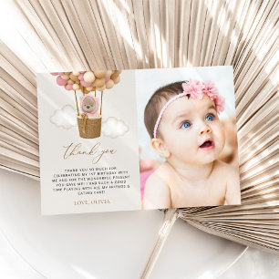 Cartão De Agradecimento Urso Bonito, Balões Rosa, Primeiro Aniversário