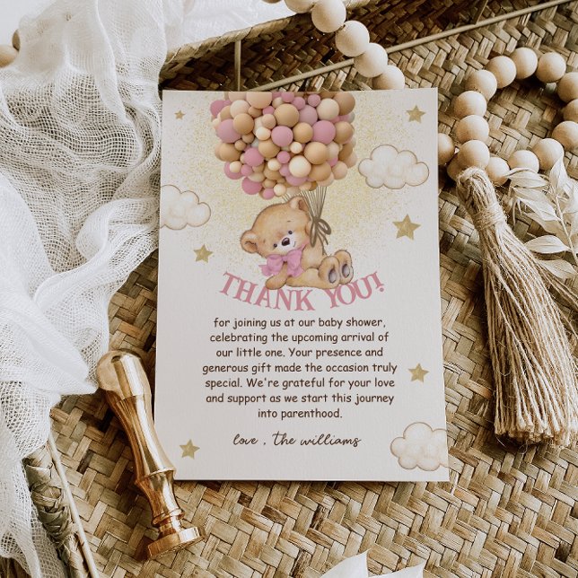 Cartão De Agradecimento Urso com Chá de fraldas rosa bege de balões (Criador carregado)