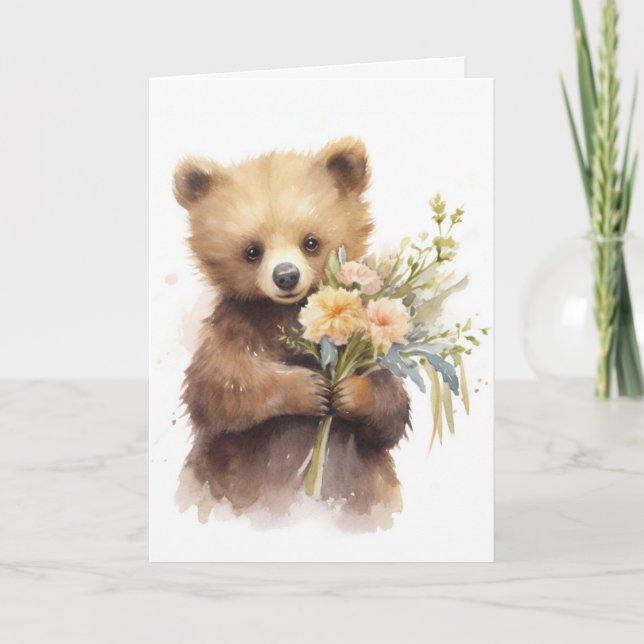 Cartão De Agradecimento Urso de Aquarela com Buquê (Frente)