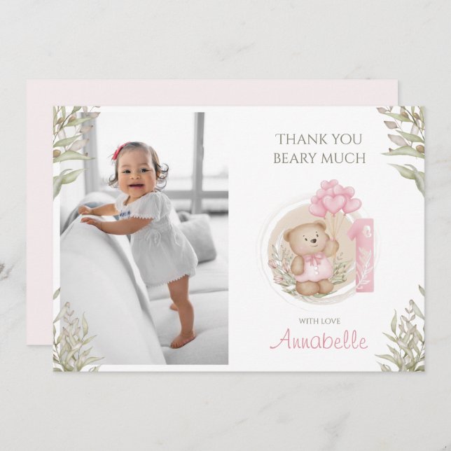 Cartão De Agradecimento Urso de Corda | PRIMEIRO ANIVERSARIO | Foto (Frente/Verso)