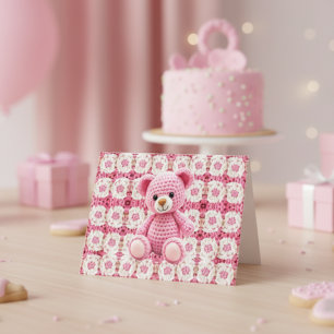 Cartão De Agradecimento Urso de Crochê Rosa Obrigado pelo Chá de Bebê