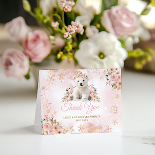 Cartão De Agradecimento Urso de inverno rosa é um Chá de fraldas feminino