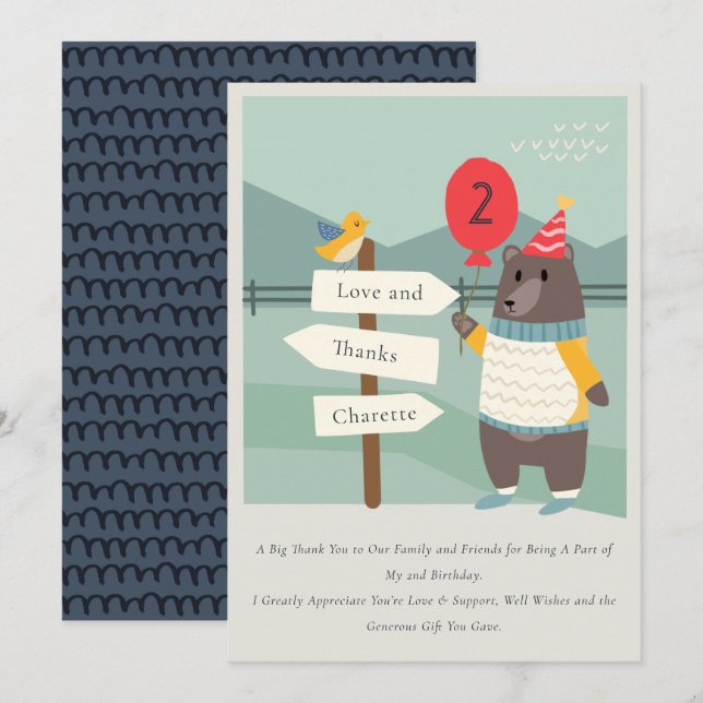 Cartão De Agradecimento Urso de Pássaro Fofo Marco Montanha Aniversário de (Frente/Verso)