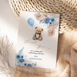 Cartão De Agradecimento Urso de pelúcia azul, flores de chuveiro de bebê,