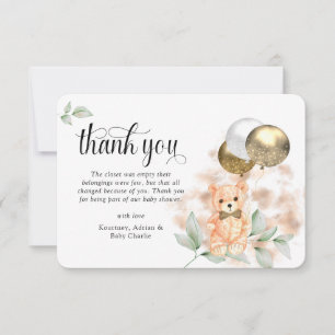 Cartão De Agradecimento Urso de pelúcia-branca e balões Chá de fraldas 