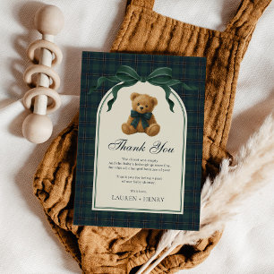 Cartão De Agradecimento Urso de pelúcia com laço verde vintage xadrez meni