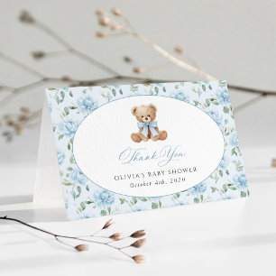Cartão De Agradecimento Urso de Pelúcia, Laço Azul, Flores Azuis, Chás de