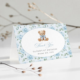 Cartão De Agradecimento Urso de Pelúcia, Laço Azul, Flores Azuis, Primeiro