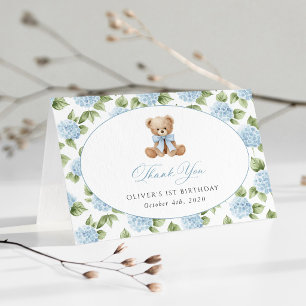Cartão De Agradecimento Urso de Pelúcia, Laço Azul, Flores Azuis, Primeiro