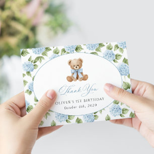 Cartão De Agradecimento Urso de Pelúcia, Laço Azul, Flores Azuis, Primeiro