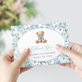 Cartão De Agradecimento Urso de Pelúcia, Laço Azul, Flores Azuis, Primeiro