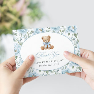 Cartão De Agradecimento Urso de Pelúcia, Laço Azul, Flores Azuis, Primeiro