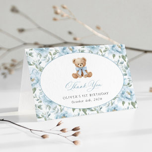 Cartão De Agradecimento Urso de Pelúcia, Laço Azul, Flores Azuis, Primeiro