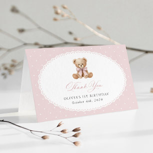 Cartão De Agradecimento Urso de Pelúcia, Laço, Bolinhas Cor-de-Rosa, Prime