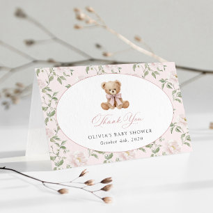 Cartão De Agradecimento Urso de Pelúcia, Laço Rosa, Flores Rosas, Chás de