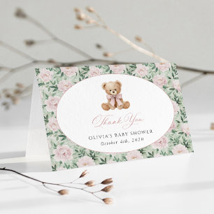 Cartão De Agradecimento Urso de Pelúcia, Laço Rosa, Flores Rosas, Chás de 