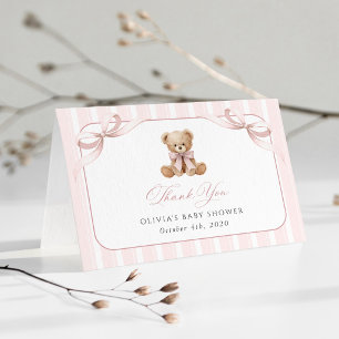 Cartão De Agradecimento Urso de Pelúcia, Laço Rosa, Listras Rosa, Chás de 