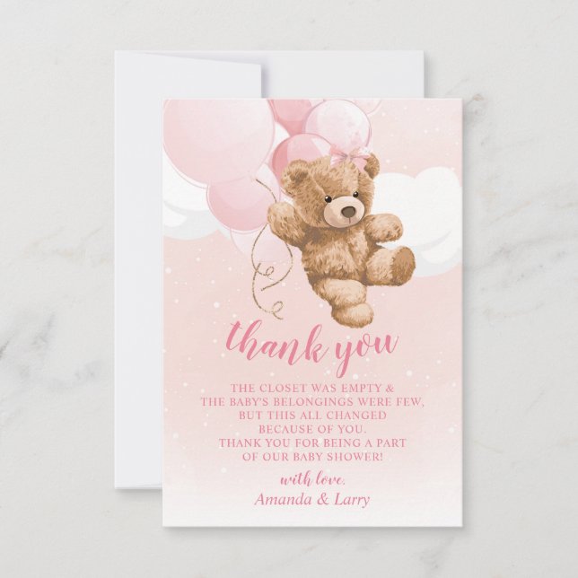 Cartão de Agradecimento Urso de Pelúcia Rosa com B (Frente)