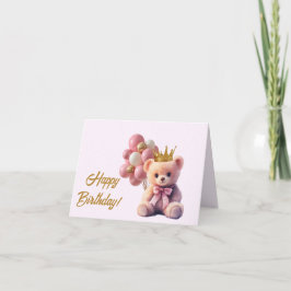 Cartão De Agradecimento Urso de Pelúcia Rosa Coroa de Ouro Feliz Aniversár