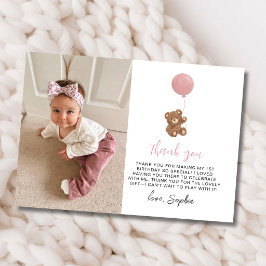 Cartão De Agradecimento Urso de Pelúcia Rosa Primeiro Aniversário Foto Obr