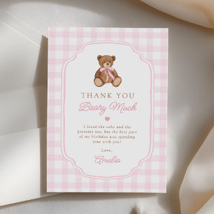 Cartão De Agradecimento Urso de pelúcia xadrez rosa Beary Primeiro Anivers