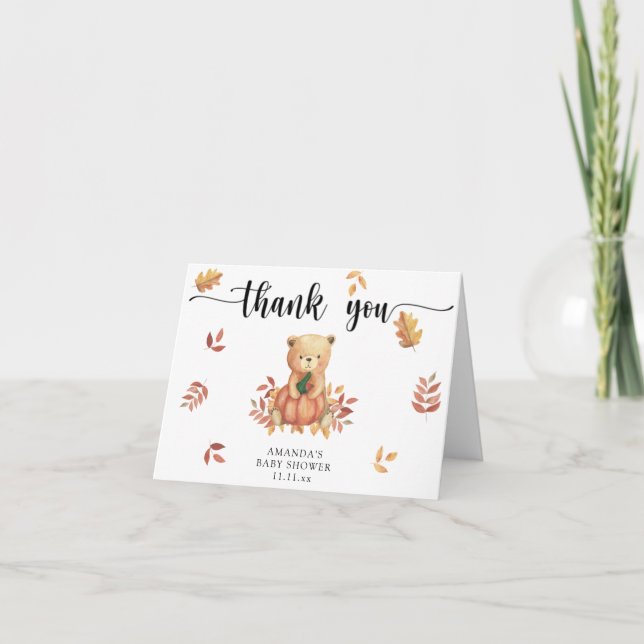 Cartão De Agradecimento Urso de Queda com abóbora - obrigado (Frente)