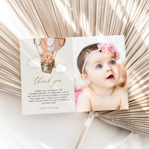 Cartão De Agradecimento Urso de Teddy, Balão de Ar Quente Rosa, Primeiro A