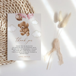Cartão De Agradecimento Urso de Teddy, Balões Rosa, Primeiro Aniversário