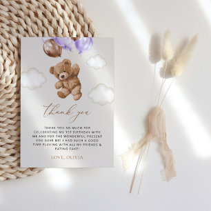 Cartão De Agradecimento Urso de Teddy, Balões Roxos, Primeiro Aniversário