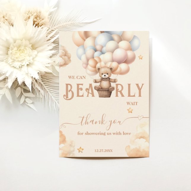 Cartão De Agradecimento Urso de Teddy Esperar Balões Neutros do Gênero (Criador carregado)