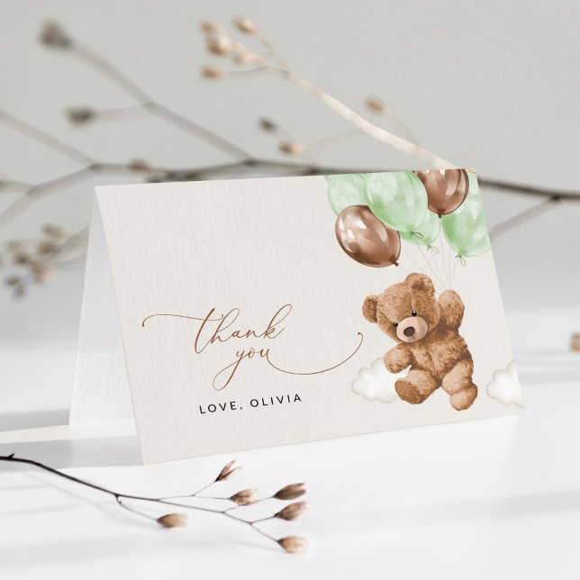 Cartão De Agradecimento Urso De Teddy, Urso De Bebê, Balões Verdes, Chá de (Criador carregado)