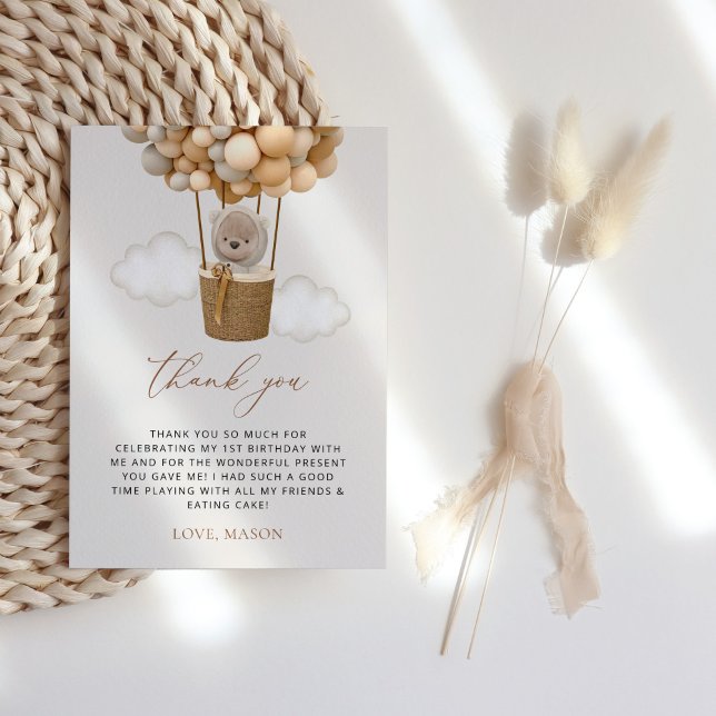 Cartão De Agradecimento Urso Gelado, Balões de Beige, Primeiro Aniversário (Criador carregado)