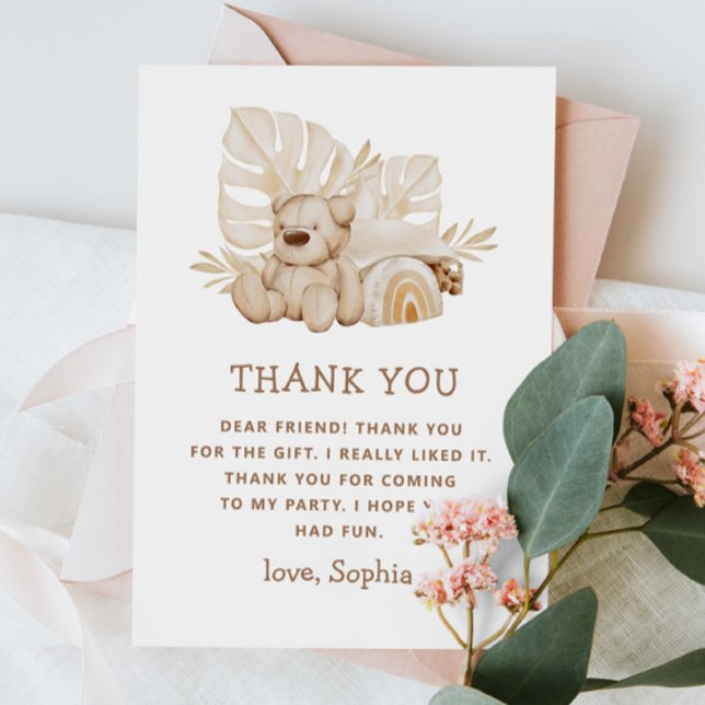 Cartão De Agradecimento Urso Teddy Boho | Festa de Aniversário de Crianças (Criador carregado)