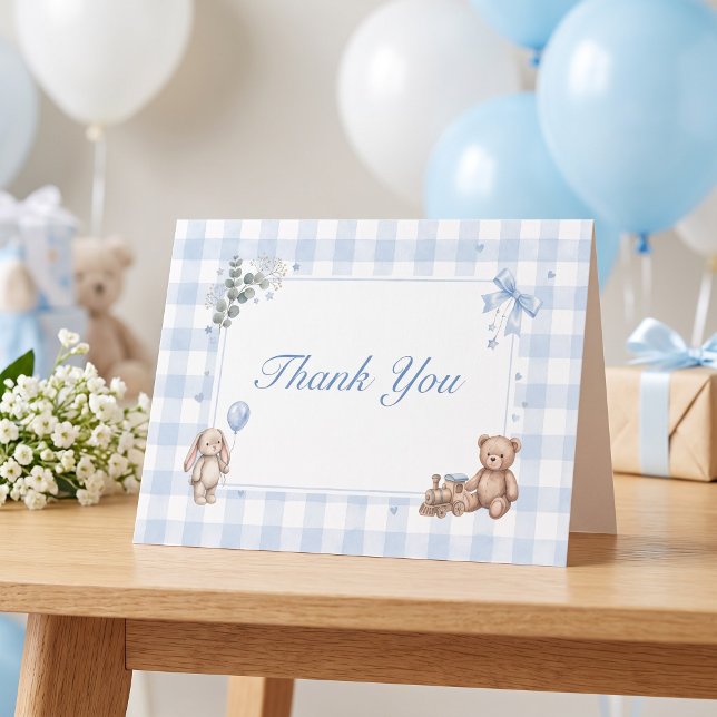 Cartão De Agradecimento Urso Xadrez Azul Mal Podemos Esperar (We Can Bearly Wait Blue Gingham Teddy Bear Thank You Card)