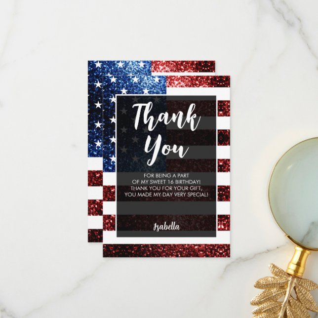 Cartão De Agradecimento USA flag red blue sparkles Sweet 16 Script (Frente/Verso In Situ)