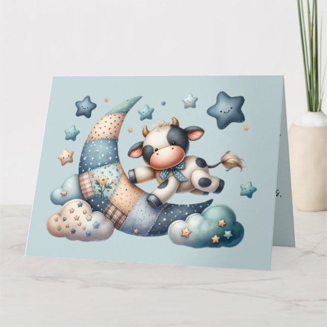 Cartão De Agradecimento Vaca de Patchwork Fofa sobre a Lua com Estrelas (Frente)