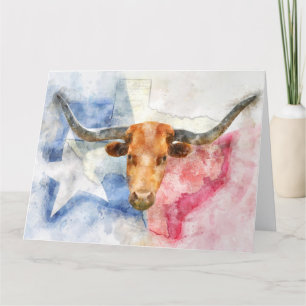 Cartão De Agradecimento Vaca Longhorn com mapa do Texas e Flag Watercolor