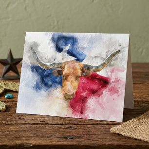 Cartão De Agradecimento Vaca Longhorn com Texas Flag Map Watercolor