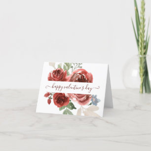 Cartão De Agradecimento Valentine floral em aquarela vermelho profundo