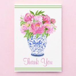 Cartão De Agradecimento Vaso de Borda com Peônias Rosa em Chinoiserie