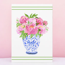 Cartão De Agradecimento Vaso de Chinoiserie com Peônias Rosa e Borda Verde