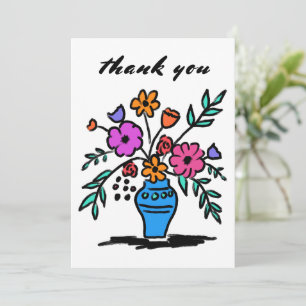 Cartão De Agradecimento Vaso de Flores Esboço Caprichoso Solto Colorido Ou