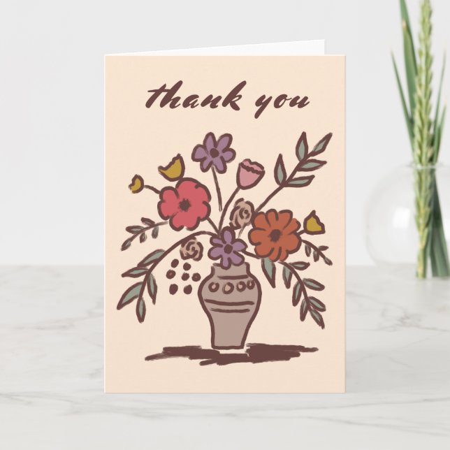 Cartão De Agradecimento Vaso de Flores Rústico Caprichoso Desenho Neutro C (Frente)