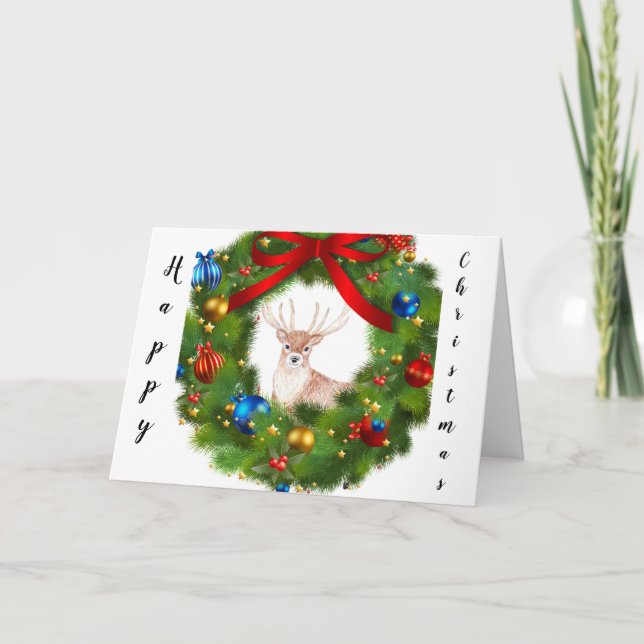 Cartão De Agradecimento Veado olhando através de uma Coroa de Natal (Frente)