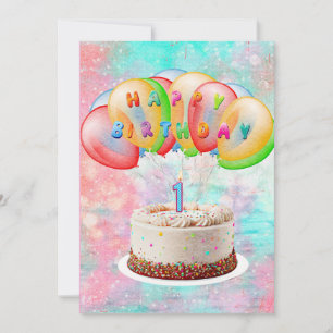 Cartão De Agradecimento Vela Número 1 no Bolo, Feliz Aniversário, Colorido