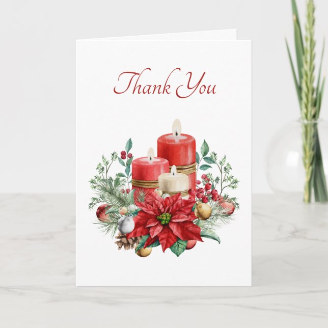 Cartão De Agradecimento Velas de Aquarela e Poinsettia Natal (Frente)