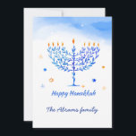 Cartão De Agradecimento Velas de Menorah Azul e Branco com desejos de Chan<br><div class="desc">Um elegante design azul e branco com velas Menorah e uma mensagem de Hanukkah feliz para seus entes queridos.</div>