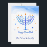 Cartão De Agradecimento Velas de Menorah Azul e Branco com desejos de Chan<br><div class="desc">Um elegante design azul e branco com velas Menorah e uma mensagem de Hanukkah feliz para seus entes queridos.</div>