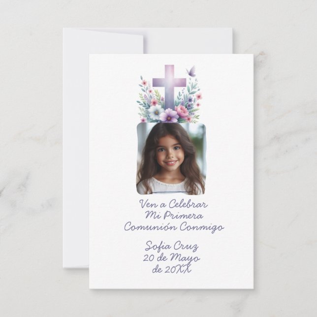 Cartão De Agradecimento Ven A Celebrar Mi Primera Comunhão con Foto Flores (Frente)